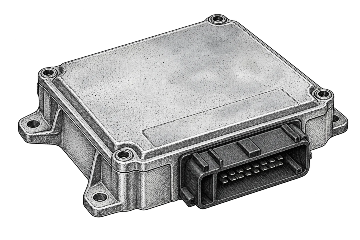 A single imagined automotive electronics module in stippled ink, isolated on a transparent background