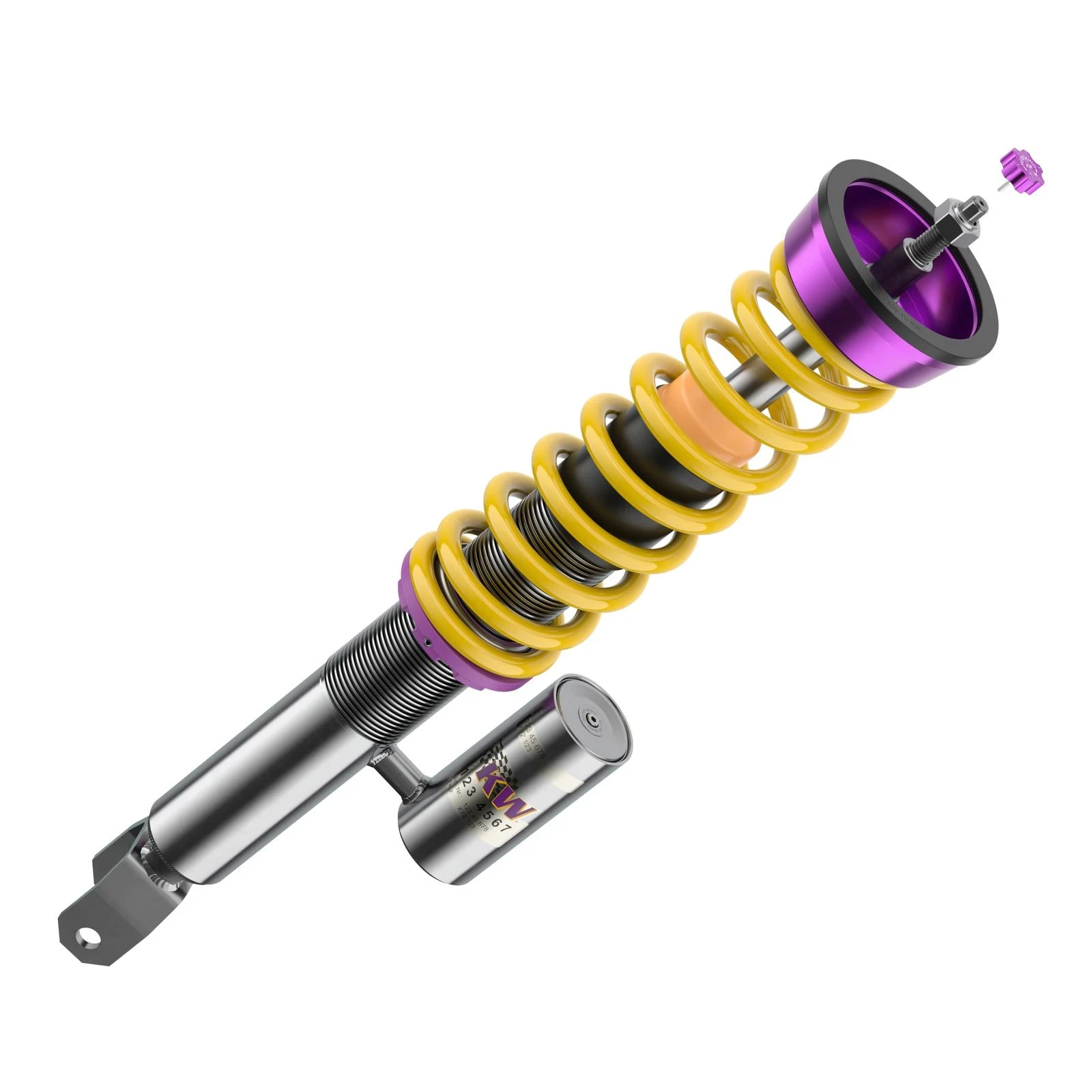 Single KW coilover assembly with yellow spring, purple adjuster and separate reservoir against white.